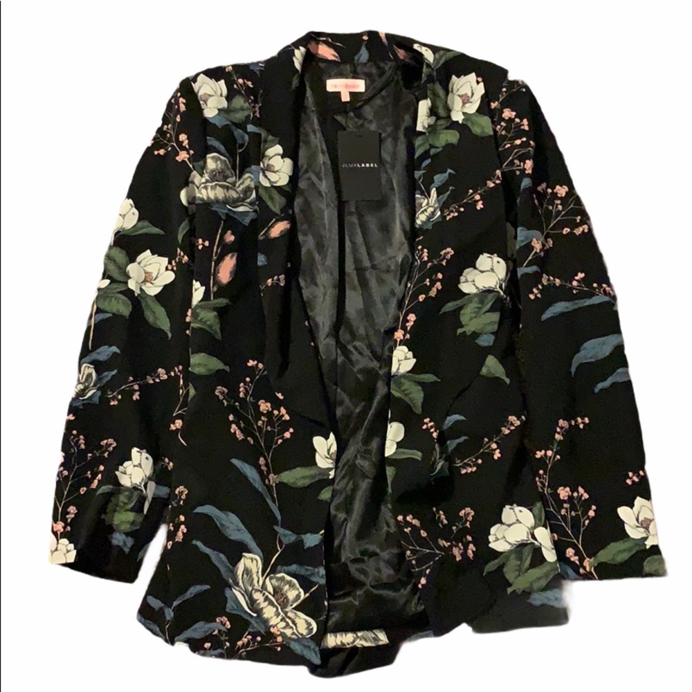 NWT JLUXLABEL Black Floral Belted Tie Blazer Jacke